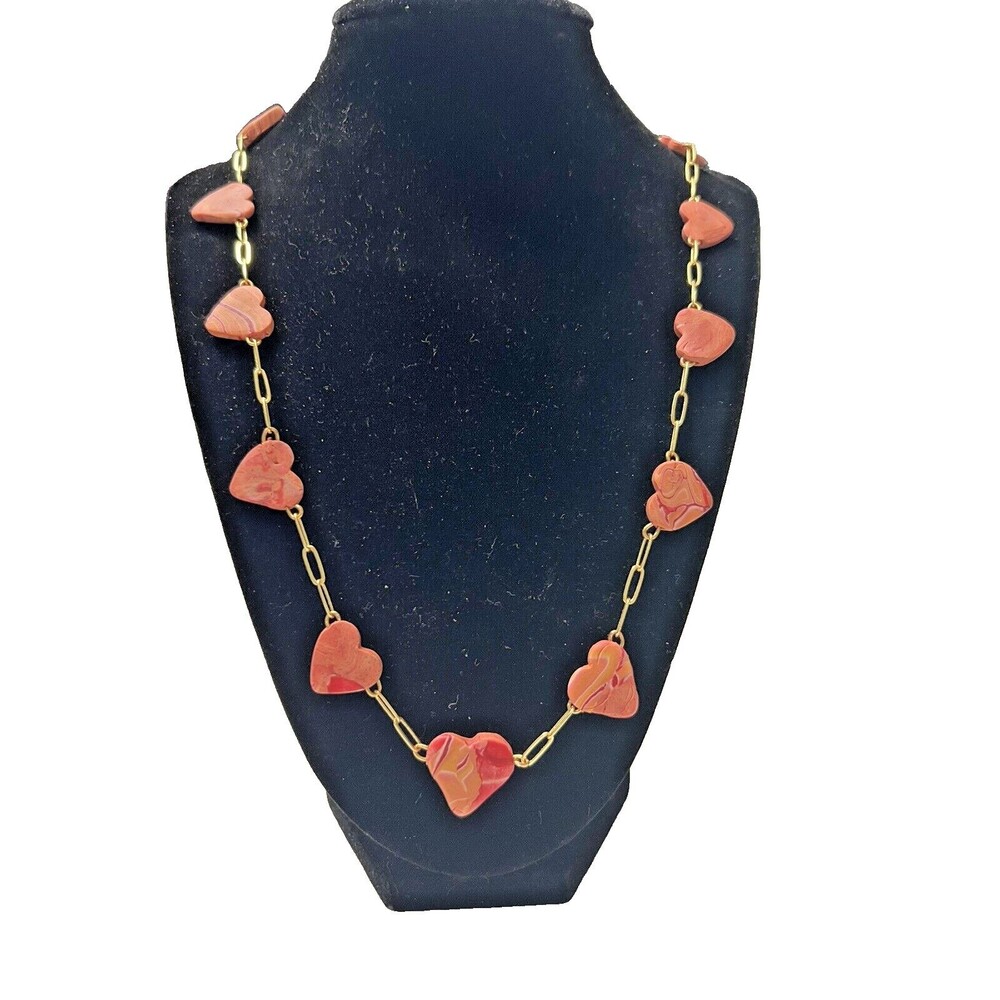 Marbled Heart Necklace Gold Tone Paperclip Chain Terracotta
